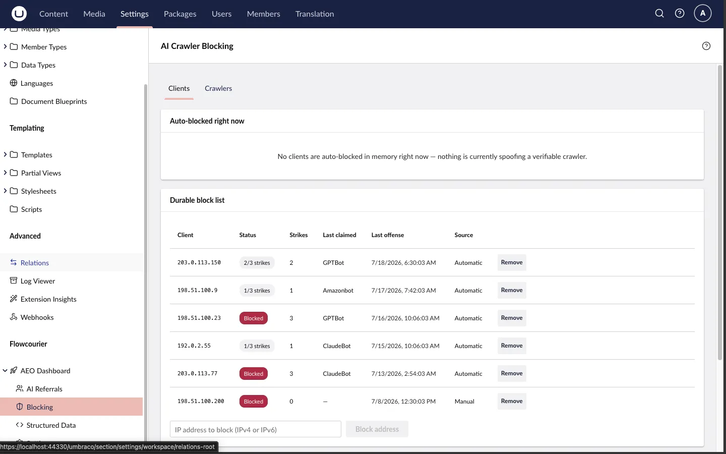 The AI Crawler Blocking page: the in-memory auto-blocked list, the durable block list with a manual IP field, and the per-crawler table with type, verifiability and Block buttons