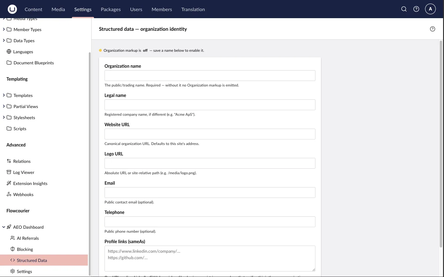 The Structured Data form under Settings → Flowcourier → AEO Dashboard with fields for organization name, legal name, website URL, logo URL, email, telephone and profile links