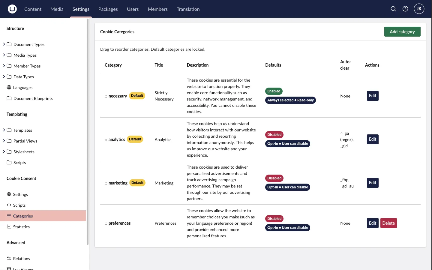 Cookie categories dashboard with the four default categories and their auto-clear rules