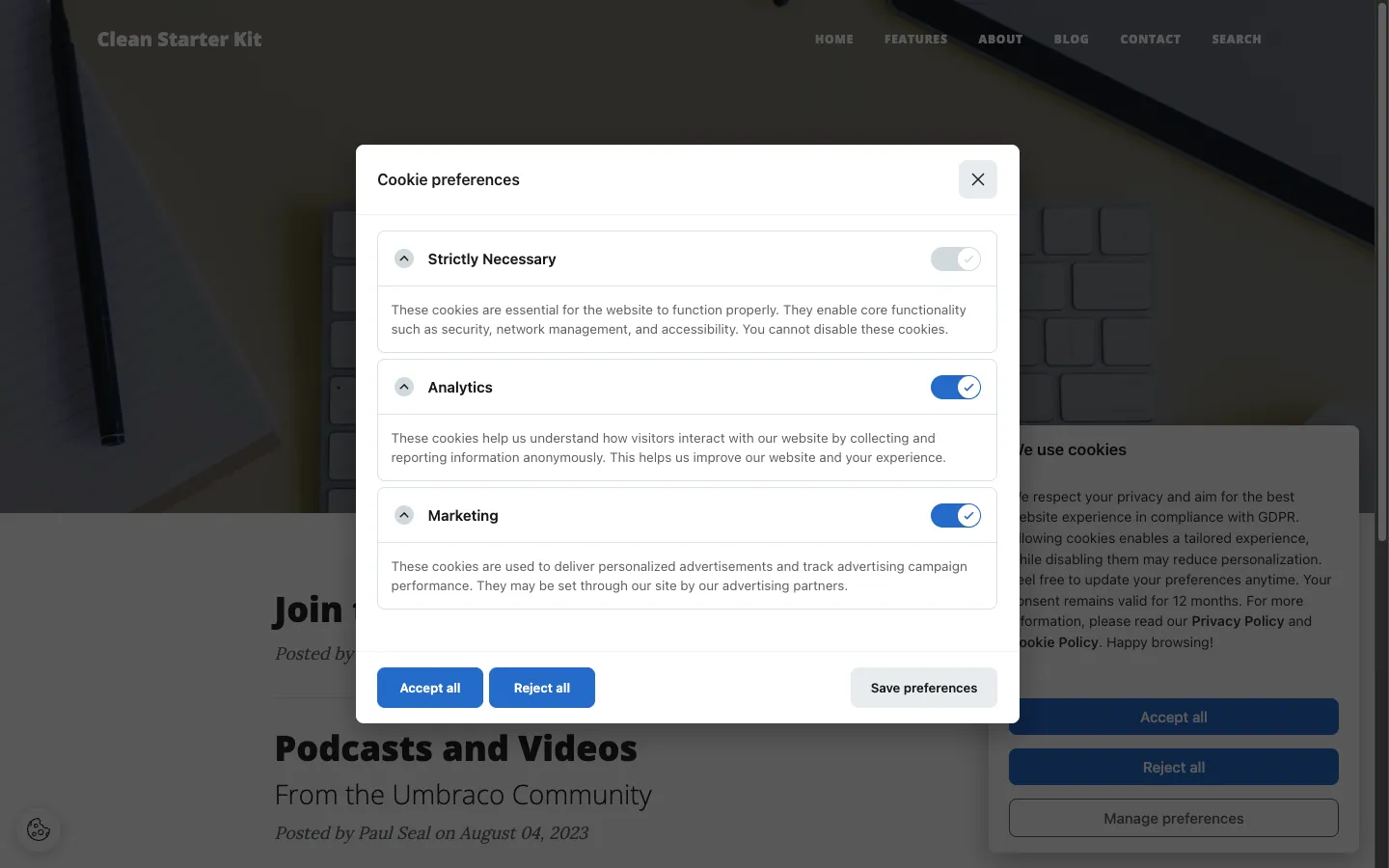 The preferences modal whose texts and category labels come from the Dictionary