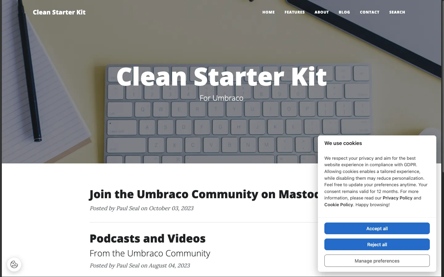 The consent banner shown on a fresh Umbraco site