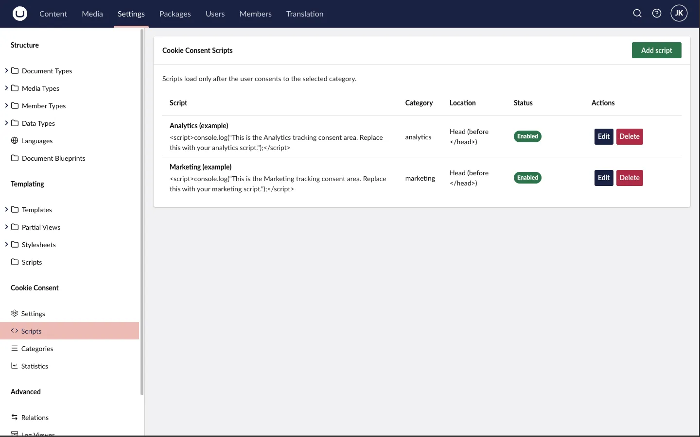 Scripts dashboard with the two example scripts assigned to analytics and marketing