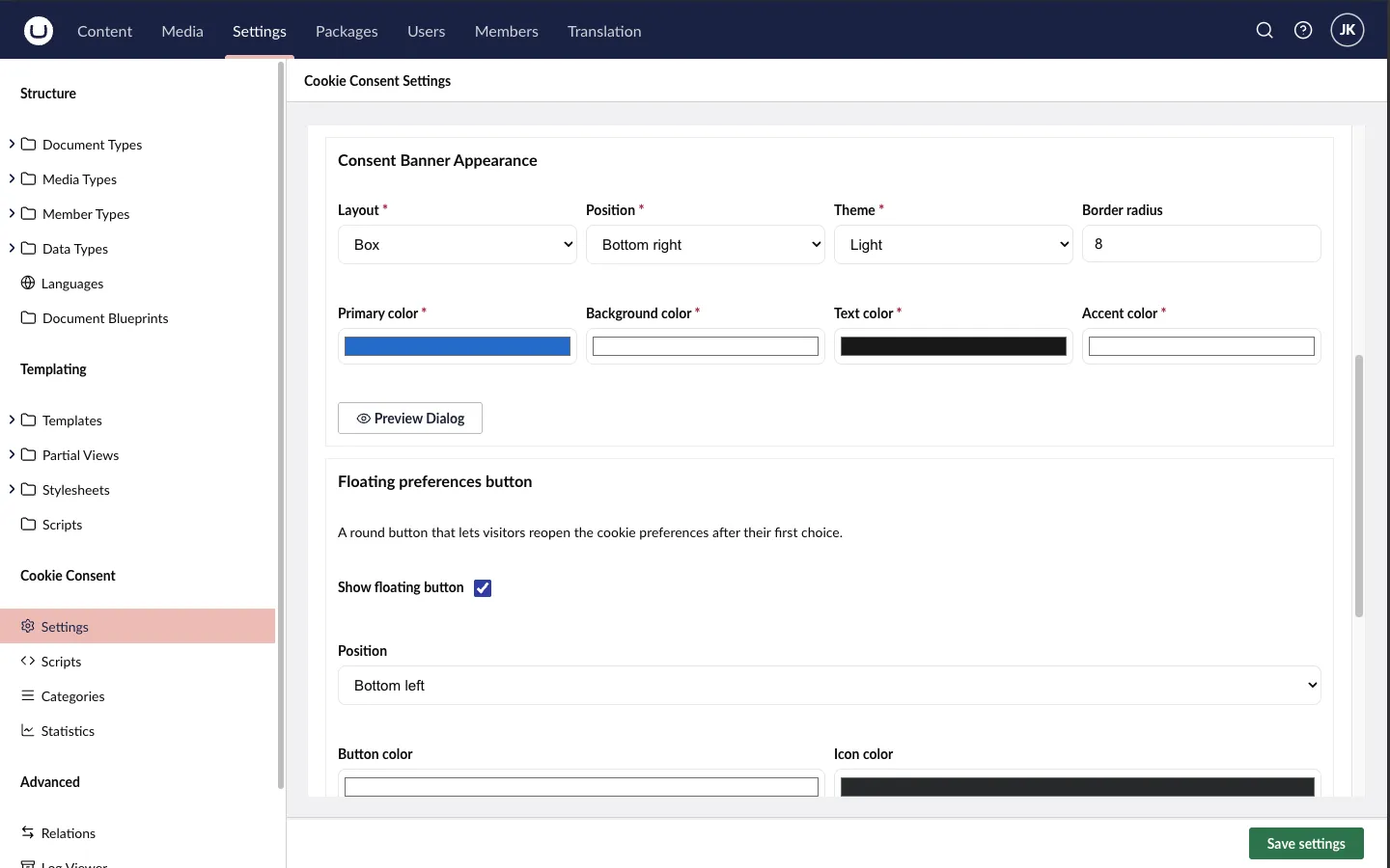 Consent banner appearance settings with layout, position, theme and colors