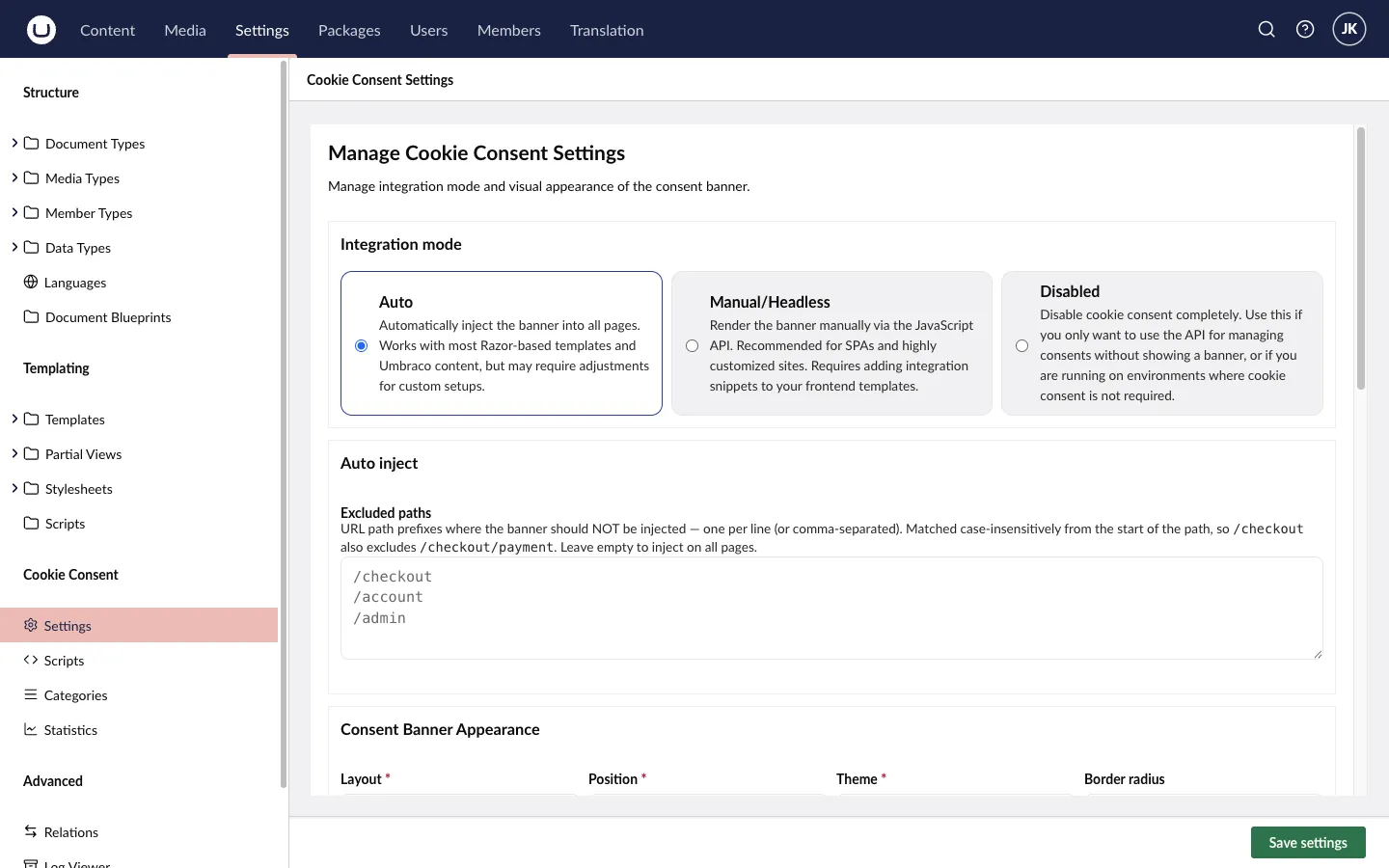 Cookie Consent settings dashboard with integration mode and excluded paths