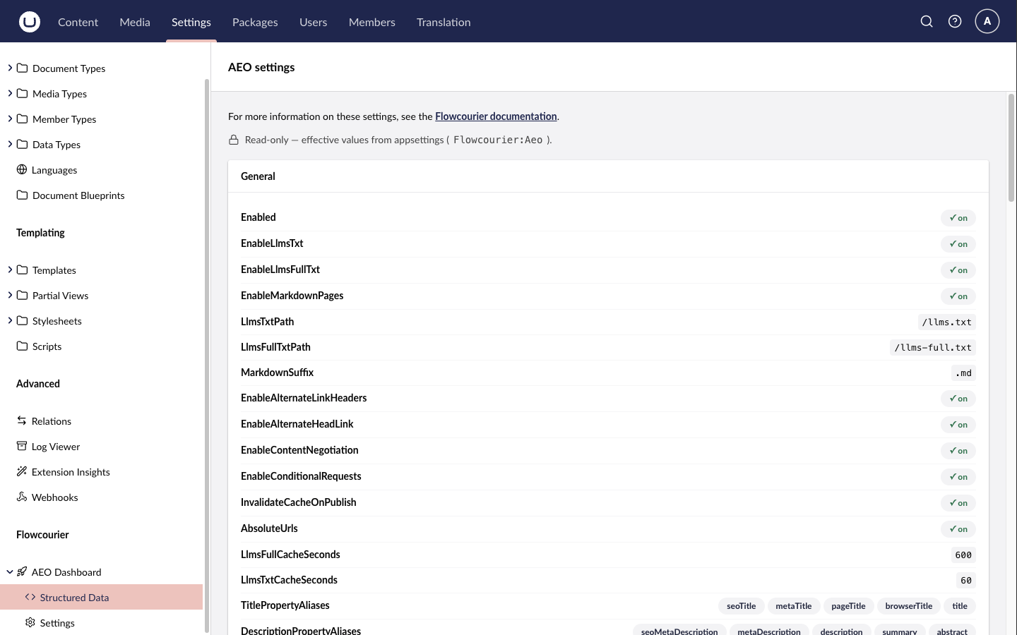 Read-only preview of the active AEO settings in the Umbraco backoffice