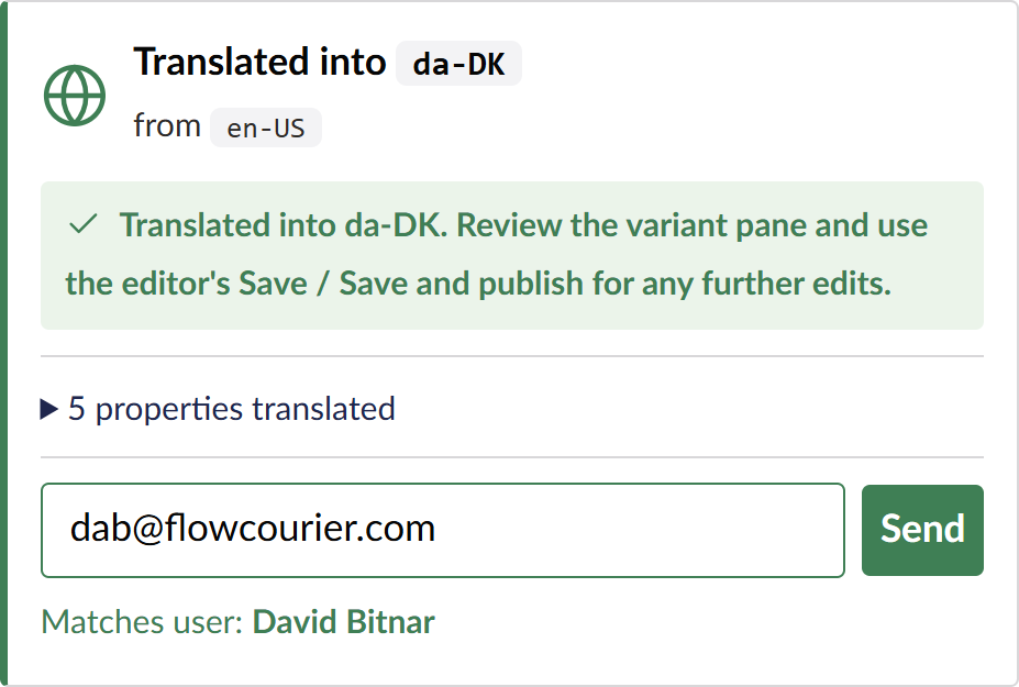 Adaptive card showing a translation sent to a registered Umbraco user for approval