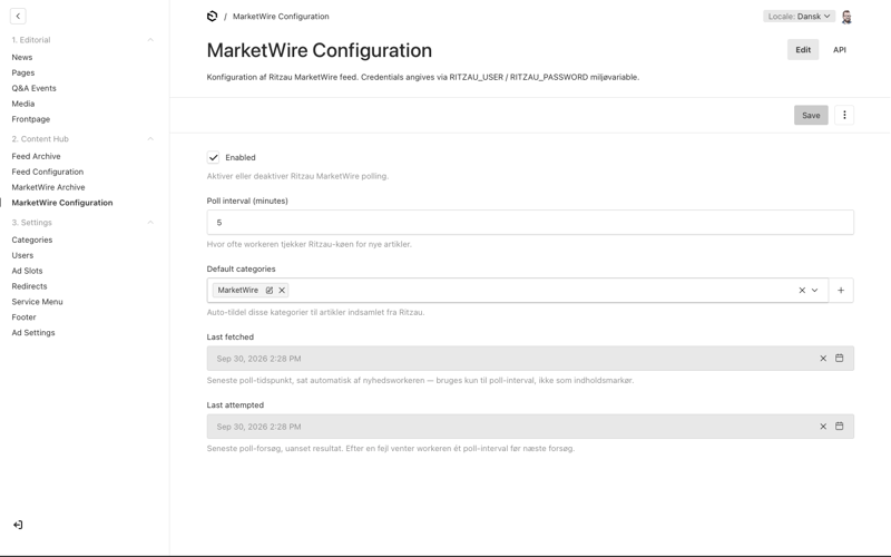 A news feed's settings showing last-fetched and last-error fields