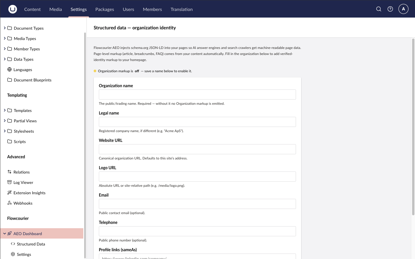 The Structured Data dashboard in the Umbraco backoffice where editors fill in the organization identity